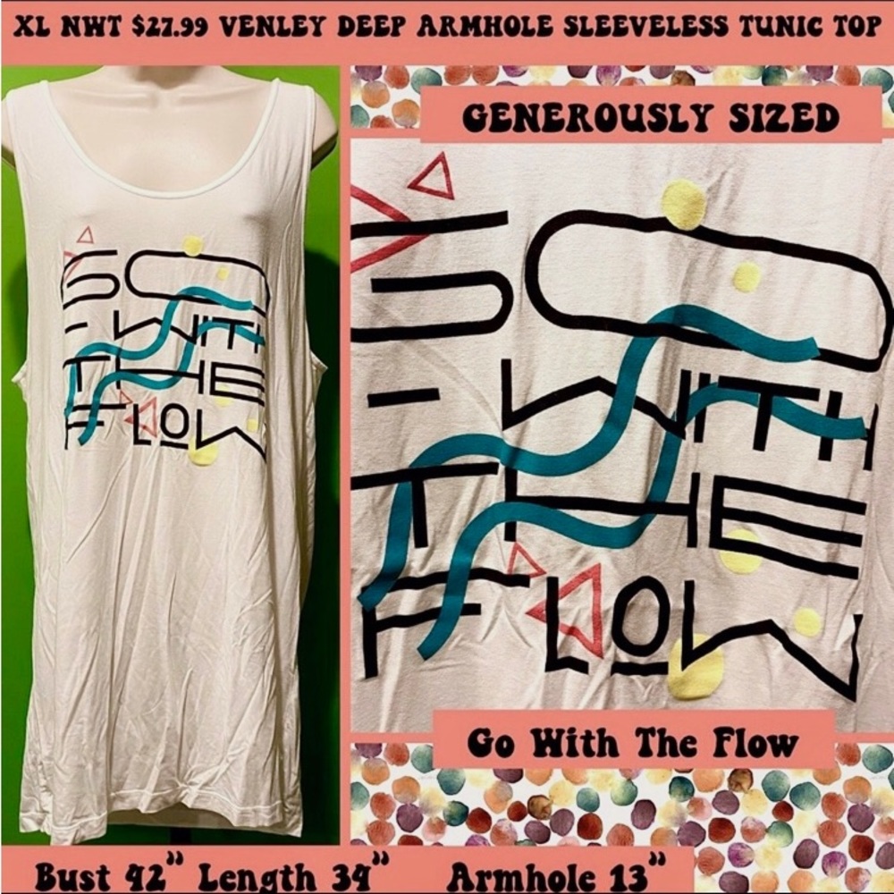 NWT L/XL $27.99 WHITE COURTNEY MODAL LONG TUNIC TANK OVERSIZED GRAPHIC~ VENLEY